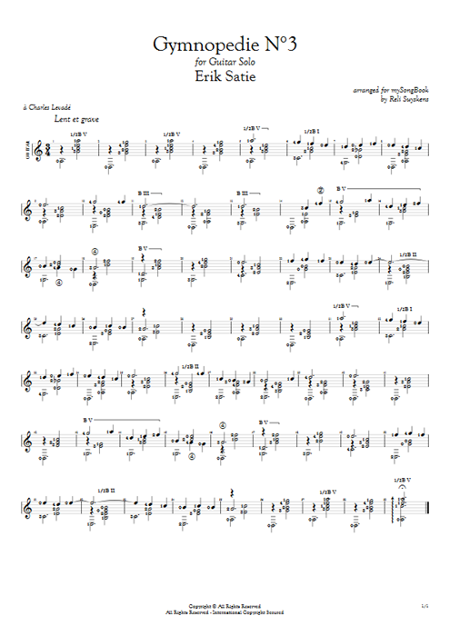 Gymnopédie N°3 in A Erik Satie guitar pro tab AGuitar Solo Guitar mysongbook